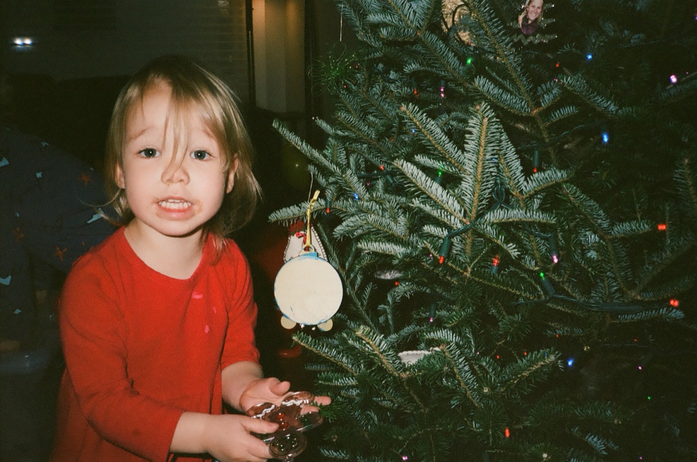 Lily in a red shirt beside a lit Christmas tree, holding a gingerbread ornament
